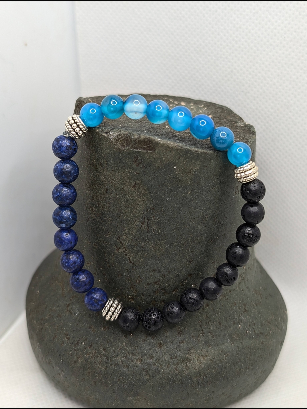 Blue Trio Beaded Stretch Bracelet with Silver Accents